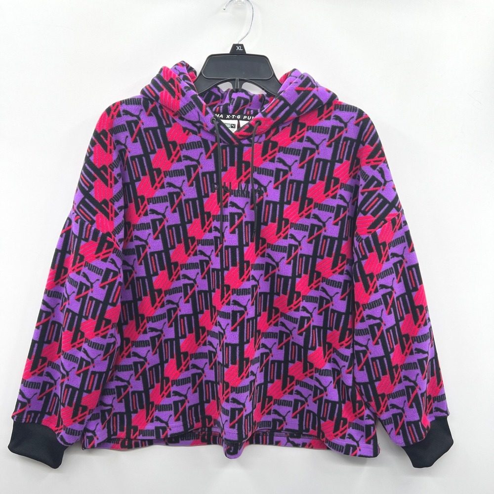 Puma XTG Women's Fleece Croppedโ Hoodie All Over Logo Oversized Size M 90s Retro